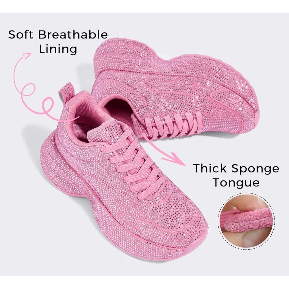 Women's Rhinestone Pink Chunky Sparkly Casual Shiny Sneakers Shoes Footwear - Picture 6 of 9